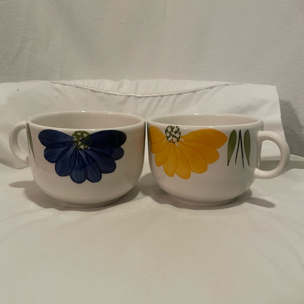 Floral Ceramic Mugs - Blue and Yellow